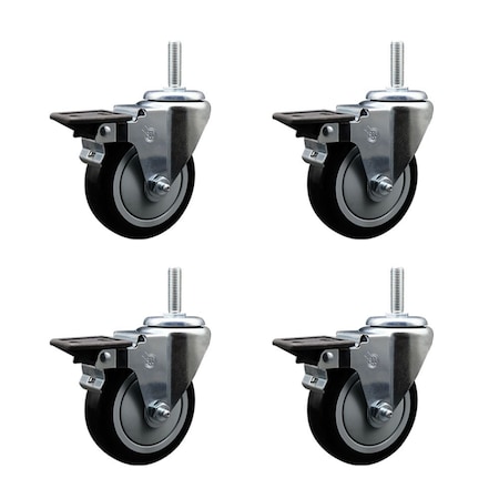 Service Caster 4 Inch Black Polyurethane Wheel Swivel 34 Inch Threaded Stem Caster Set with Brake SCC SCC-TS20S414-PPUB-BLK-PLB-34212-4